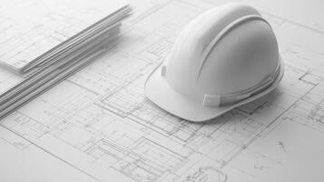 White Hard Hat on Architectural Blueprint photo