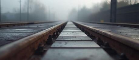 Train Tracks Leading Into Foggy Distance on blure background photo
