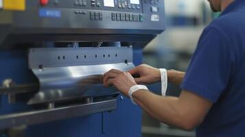 Worker operating a metal bending machine in a factory photo