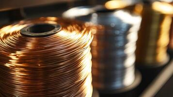 Close-up of copper wire spools with blurred background photo