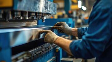 Worker's Gloved Hand Adjusting Metal Sheet on Industrial Machine photo