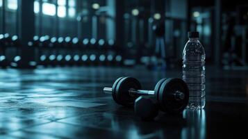 Dumbbell and Water Bottle Resting on Gym Floor photo