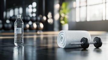 Water Bottle, Rolled Towel, and Dumbbell on Wooden Floor in Gym photo