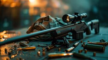 A Sniper Rifle and Spent Rounds on a Dark Surface photo