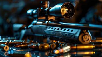 A Close-Up of a Rifle with a Scope and Spent Cartridge Cases photo