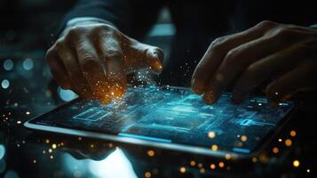 Hands Interacting with a Digital Tablet Screen photo