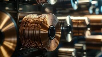 Close-up of Coiled Copper Wire Reels in a Factory photo