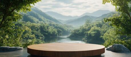 Wooden Platform Overlooking a River and Green Mountains photo