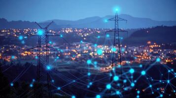 Power Lines and City Lights at Dusk with Digital Overlay photo