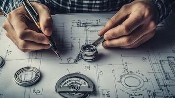 Engineer's Hands Working on Detailed Technical Drawing photo