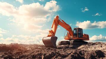 Excavator Digging in a Construction Site under a Sunny Sky photo