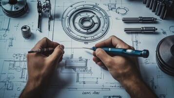 Engineer Working on Mechanical Drawing with Tools photo