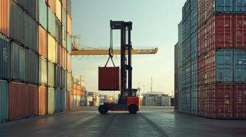 Forklift Moving Shipping Container Between Stacks of Cargo Containers photo