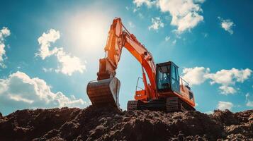 Excavator Digging into a Pile of Dirt with a Blue Sky and Sun photo