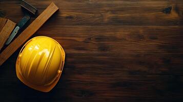Yellow Hard Hat and Construction Tools on a Wooden Surface photo