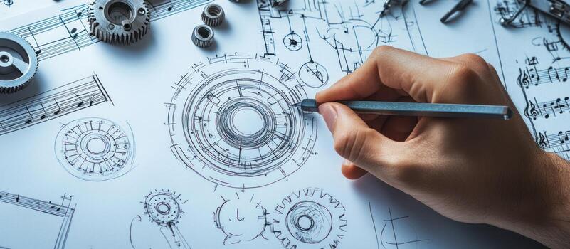 Hand Drawing Technical Diagrams on Paper with Gears and Music Notes photo