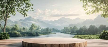 Wooden Platform Overlooking a River and Misty Mountains photo