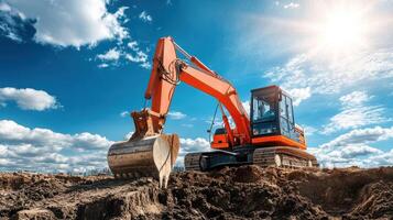 Excavator Digging Dirt Under a Sunny Sky photo