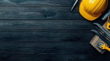Construction Tools on Dark Wooden Background photo