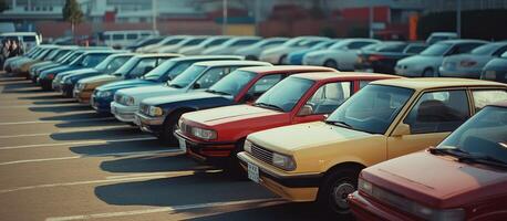 Row of parked cars in a parking lot photo