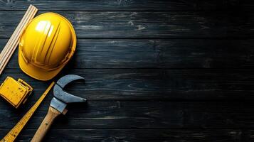 Construction Tools on a Black Wooden Background photo