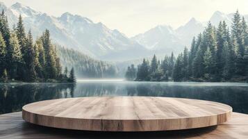 Wooden Platform Overlooking a Misty Lake with Mountains in the Background photo