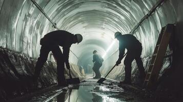 Silhouetted Workers in a Tunnel with Shovels and a Ladder photo