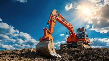 Orange Excavator Working on a Construction Site Under a Blue Sky photo