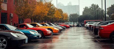 Row of Sports Cars Parked in Wet Urban Street photo
