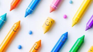 Colorful Crayons with Smiley Faces on White Background photo