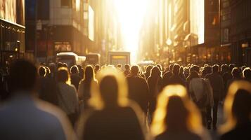 Silhouettes of People Walking Towards the Sunset in a City Street photo