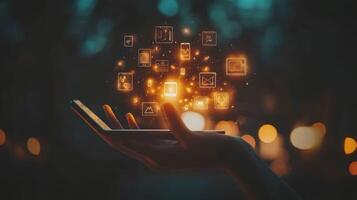 Hand Holding Smartphone With Glowing Digital App Icons photo