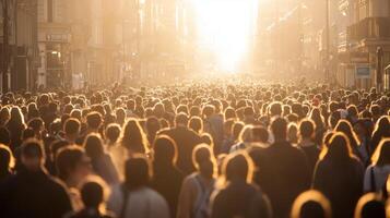 A large crowd of people walking in a city street at sunset photo
