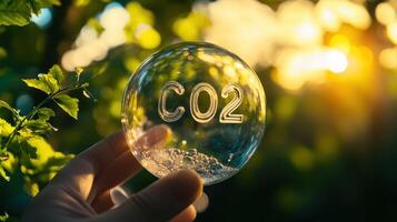 CO2 Inscribed in a Glass Sphere Held Against a Natural Background photo