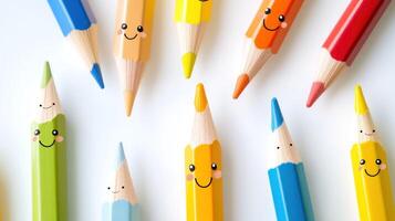 Colorful Pencils with Happy Faces Arranged on a White Surface photo