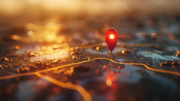 Red Pinpoint Location Marker on a Detailed Map with Golden Lights photo