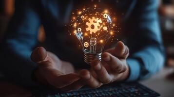 Person Holding a Glowing Lightbulb with Gears Inside photo