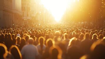 Silhouettes of a Crowd Facing the Setting Sun in a City Street photo