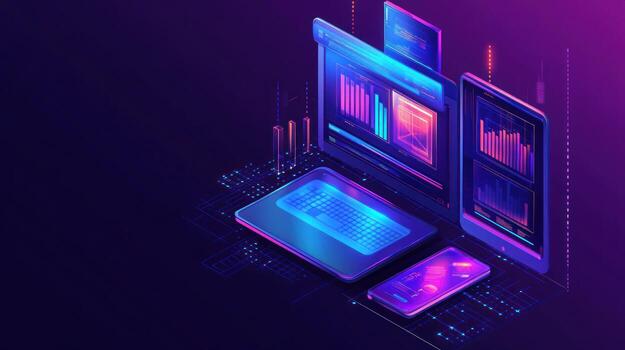 Desktop, Keyboard, Phone and Tablet Displaying Data and Charts photo