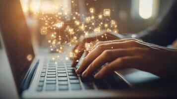 Hands Typing on Laptop with Digital Network Overlay photo