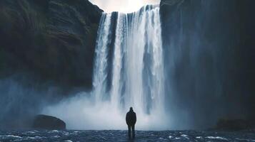 A Single Figure Stands Before a Majestic Waterfall photo
