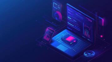 Laptop, Smartphone, and Tablet with Neon Lights and Data Visualizations photo