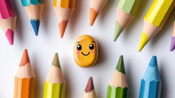 Colorful Pencils Surrounding a Smiling Emoji photo