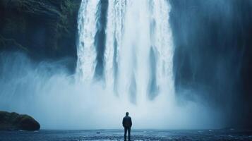 Man Gazes at a Powerful Waterfall in Iceland photo