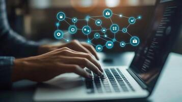 Person Typing on Laptop with Digital Network of Security Icons photo