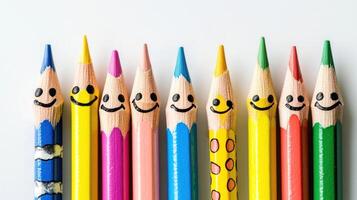 Row of Colorful Pencils with Happy Faces photo