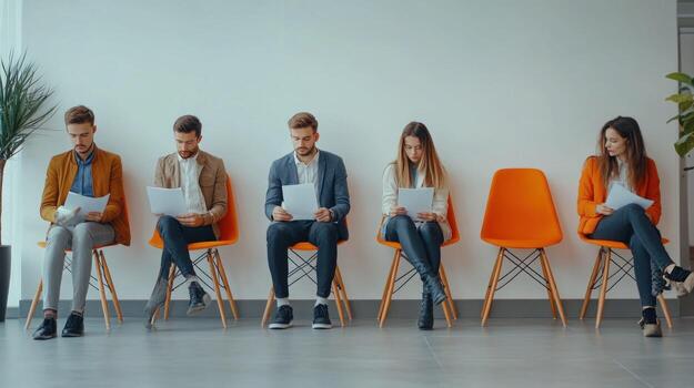 Four People Sitting in a Row, Waiting and Reading Papers photo