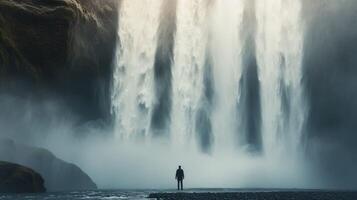 A Solitary Figure Gazing Up at a Majestic Waterfall photo