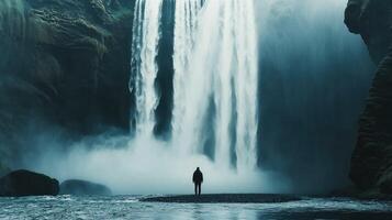 A Solitary Figure Contemplates a Majestic Waterfall photo