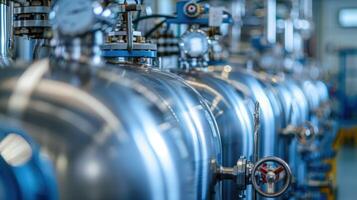 Row of Shiny Metallic Tanks with Valves in a Factory Setting photo